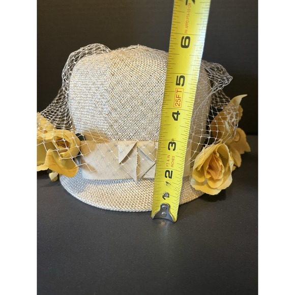 Vintage 1950s Straw Pillbox Hat Yellow Flowers Veil main image 6